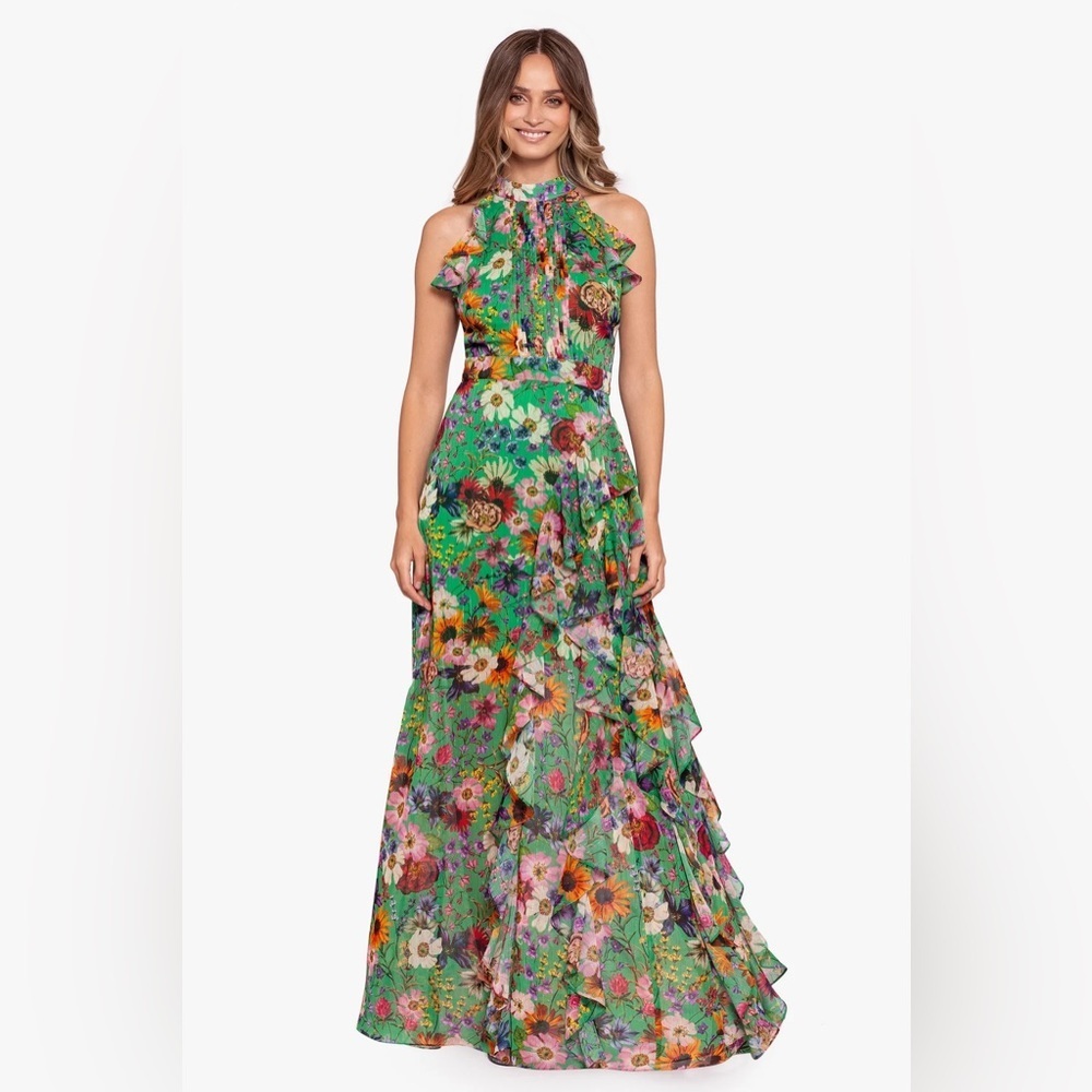 Betsy & Adam Cameron Long Chiffon Print Halter Flutter Dress